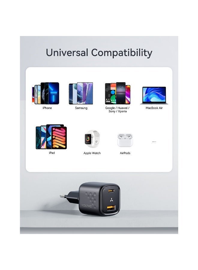VOLTME Revo 30 Duo 30W GaN Wall Charger, USB-C + USB-A Fast Charger with PD 3.0, PPS & QC 3.0 for iPhone, Samsung, iPad, MacBook Air & More