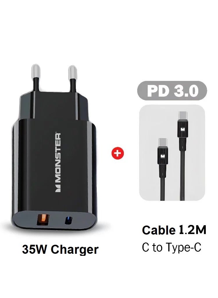 U3501 Travel  35W Fast Charger Dual Port  ,Supports PD3.0 and QC3.0 fast charging protocols , and includes a USB-C to Type-C cable – Wall Charger with 1.2M / 25W Cable for iPhone 17/16/15 Series, iPad Pro, MacBook, Samsung Galaxy, Pixel | Black