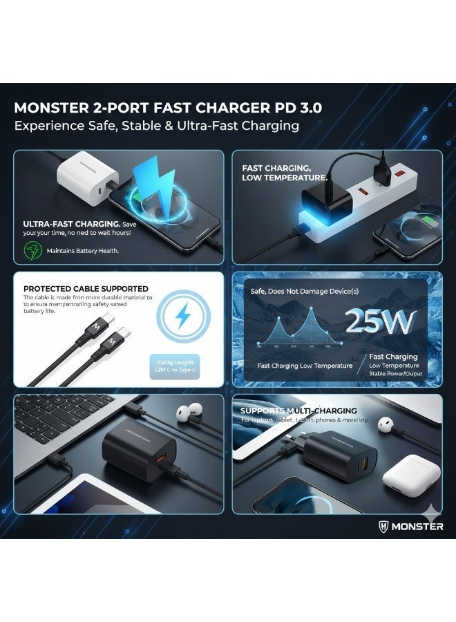 U3501 Travel  35W Fast Charger Dual Port  ,Supports PD3.0 and QC3.0 fast charging protocols , and includes a USB-C to Type-C cable – Wall Charger with 1.2M / 25W Cable for iPhone 17/16/15 Series, iPad Pro, MacBook, Samsung Galaxy, Pixel | Black