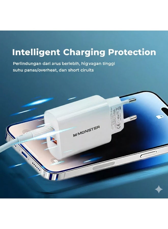 U3501 Travel  35W Fast Charger Dual Port  ,Supports PD3.0 and QC3.0 fast charging protocols , and includes a USB-C to Type-C cable – Wall Charger with 1.2M / 25W Cable for iPhone 17/16/15 Series, iPad Pro, MacBook, Samsung Galaxy, Pixel | Black