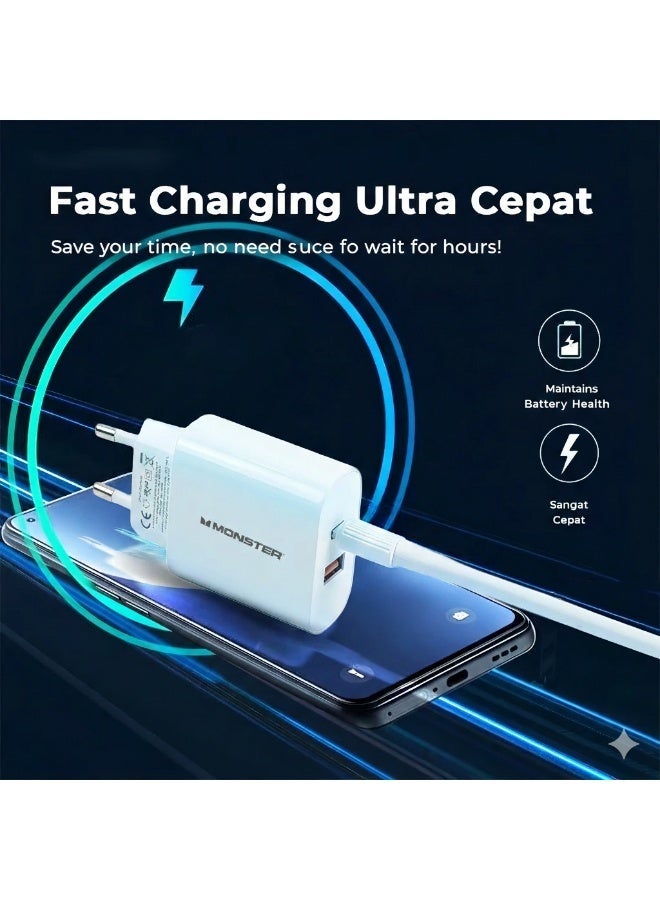 U3501 Travel  35W Fast Charger Dual Port  ,Supports PD3.0 and QC3.0 fast charging protocols , and includes a USB-C to Type-C cable – Wall Charger with 1.2M / 25W Cable for iPhone 17/16/15 Series, iPad Pro, MacBook, Samsung Galaxy, Pixel | Black