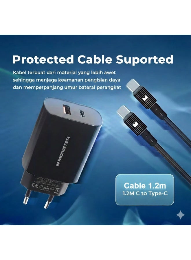 U3501 Travel  35W Fast Charger Dual Port  ,Supports PD3.0 and QC3.0 fast charging protocols , and includes a USB-C to Type-C cable – Wall Charger with 1.2M / 25W Cable for iPhone 17/16/15 Series, iPad Pro, MacBook, Samsung Galaxy, Pixel | Black