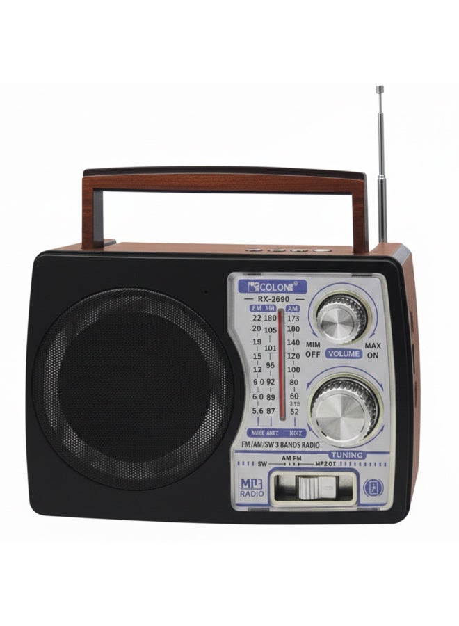 RX-2690 Classic Portable Radio , Multi Band FM/AM/SW3, Disco LED Lights, Rechargeable Battery, Built in Speaker, MP3/USB/TF Support, Perfect for Home, Camping, and Travel - Multicolour