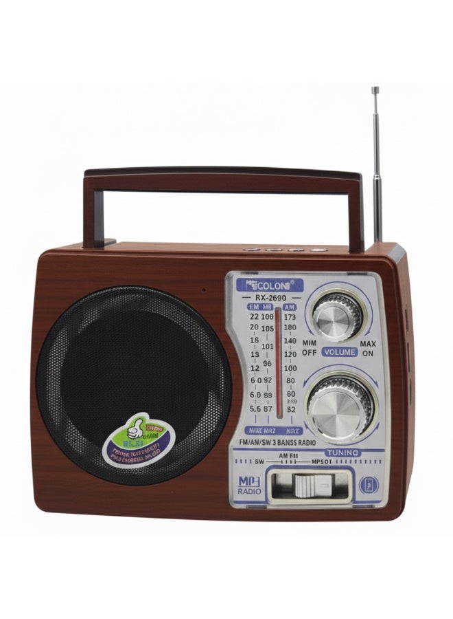 RX-2690 Classic Portable Radio , Multi Band FM/AM/SW3, Disco LED Lights, Rechargeable Battery, Built in Speaker, MP3/USB/TF Support, Perfect for Home, Camping, and Travel - Multicolour