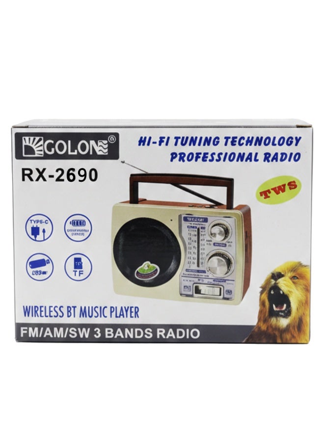 RX-2690 Classic Portable Radio , Multi Band FM/AM/SW3, Disco LED Lights, Rechargeable Battery, Built in Speaker, MP3/USB/TF Support, Perfect for Home, Camping, and Travel - Multicolour