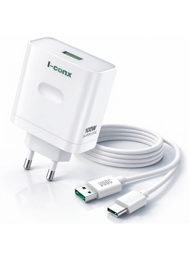 K-44 100W USB-A Fast Wall Charger with USB-C Cable, PD, Super VOOC & QC Quick Charge Power Adapter, Smart Chip, Stable Voltage, Travel Charging Plug for MacBook, Laptops, iPhone 15/16, Samsung, Xiaomi, OPPO, Huawei & USB-C Devices