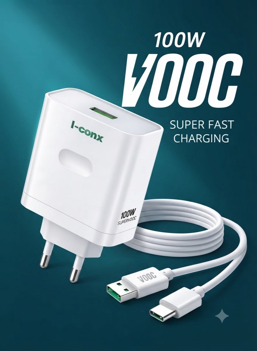 K-44 100W USB-A Fast Wall Charger with USB-C Cable, PD, Super VOOC & QC Quick Charge Power Adapter, Smart Chip, Stable Voltage, Travel Charging Plug for MacBook, Laptops, iPhone 15/16, Samsung, Xiaomi, OPPO, Huawei & USB-C Devices