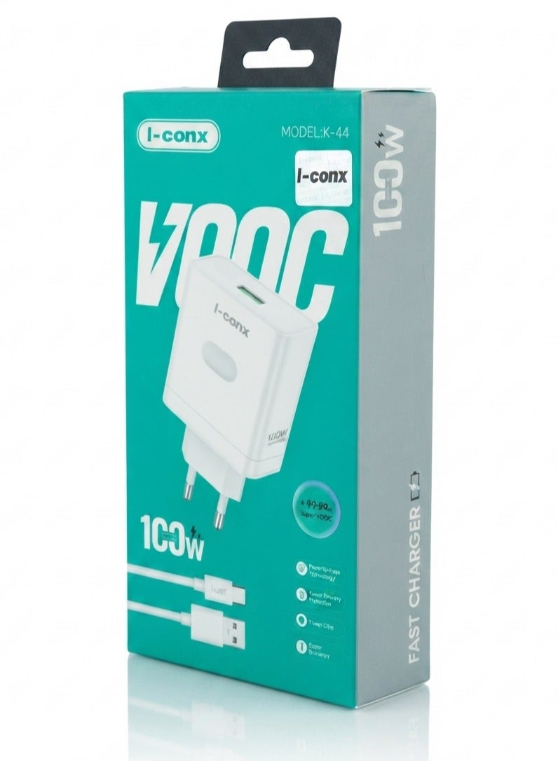 K-44 100W USB-A Fast Wall Charger with USB-C Cable, PD, Super VOOC & QC Quick Charge Power Adapter, Smart Chip, Stable Voltage, Travel Charging Plug for MacBook, Laptops, iPhone 15/16, Samsung, Xiaomi, OPPO, Huawei & USB-C Devices
