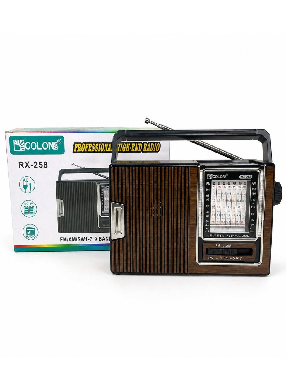 RX-258 Portable Vintage Radio Speaker – FM/AM/SW1–7 9-Band Radio, Powerful 3-Inch Speaker with Stereo Sound, High-Sensitivity Reception, 360° Telescopic Antenna, Solar & Rechargeable Battery Support, Headphone Jack, AC/DC Dual Power Supply, Compact Retro Design, Ideal for Home, Camping, Travel & Emergency Use – Multicolour