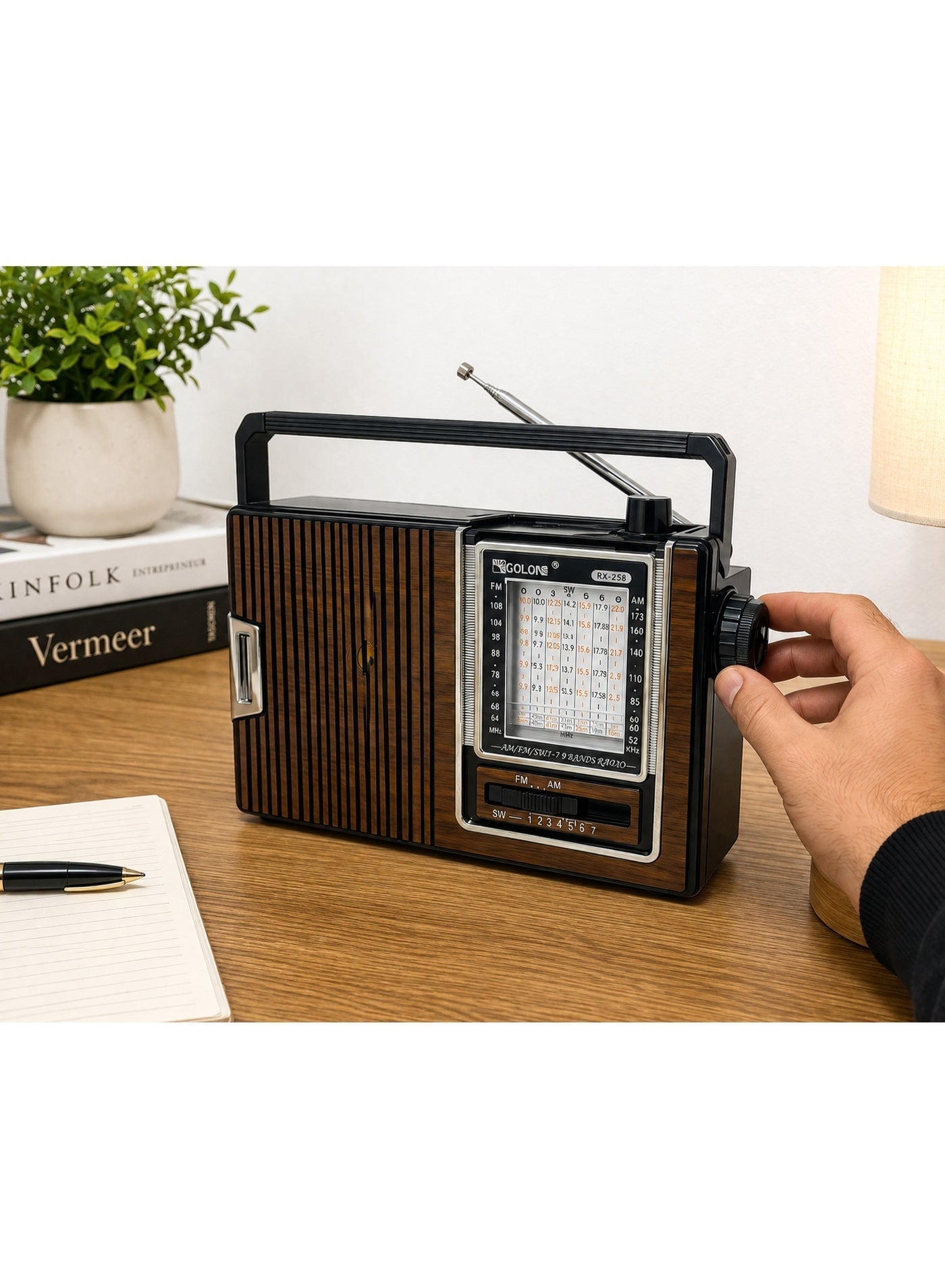 RX-258 Portable Vintage Radio Speaker – FM/AM/SW1–7 9-Band Radio, Powerful 3-Inch Speaker with Stereo Sound, High-Sensitivity Reception, 360° Telescopic Antenna, Solar & Rechargeable Battery Support, Headphone Jack, AC/DC Dual Power Supply, Compact Retro Design, Ideal for Home, Camping, Travel & Emergency Use – Multicolour