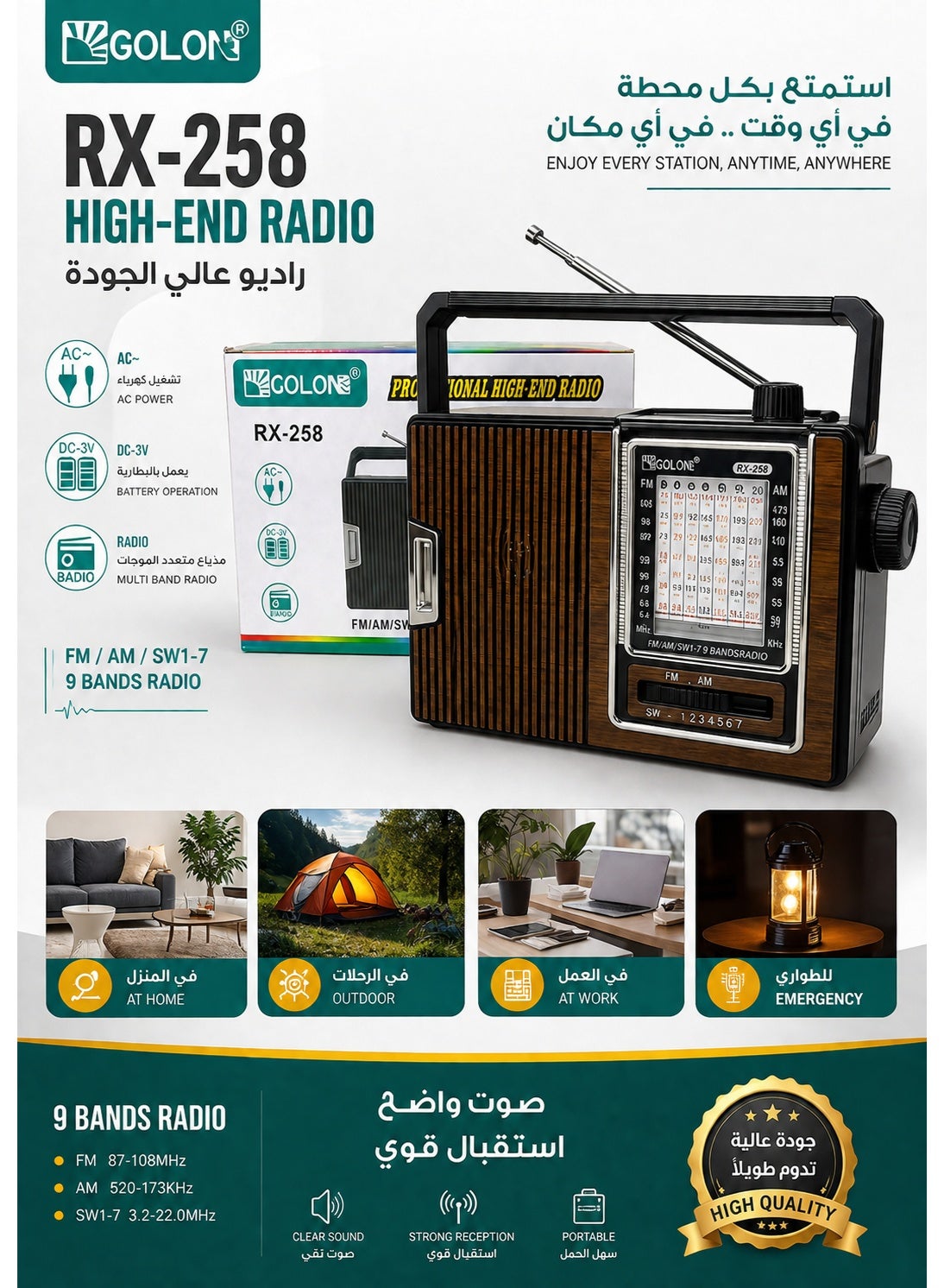 RX-258 Portable Vintage Radio Speaker – FM/AM/SW1–7 9-Band Radio, Powerful 3-Inch Speaker with Stereo Sound, High-Sensitivity Reception, 360° Telescopic Antenna, Solar & Rechargeable Battery Support, Headphone Jack, AC/DC Dual Power Supply, Compact Retro Design, Ideal for Home, Camping, Travel & Emergency Use – Multicolour