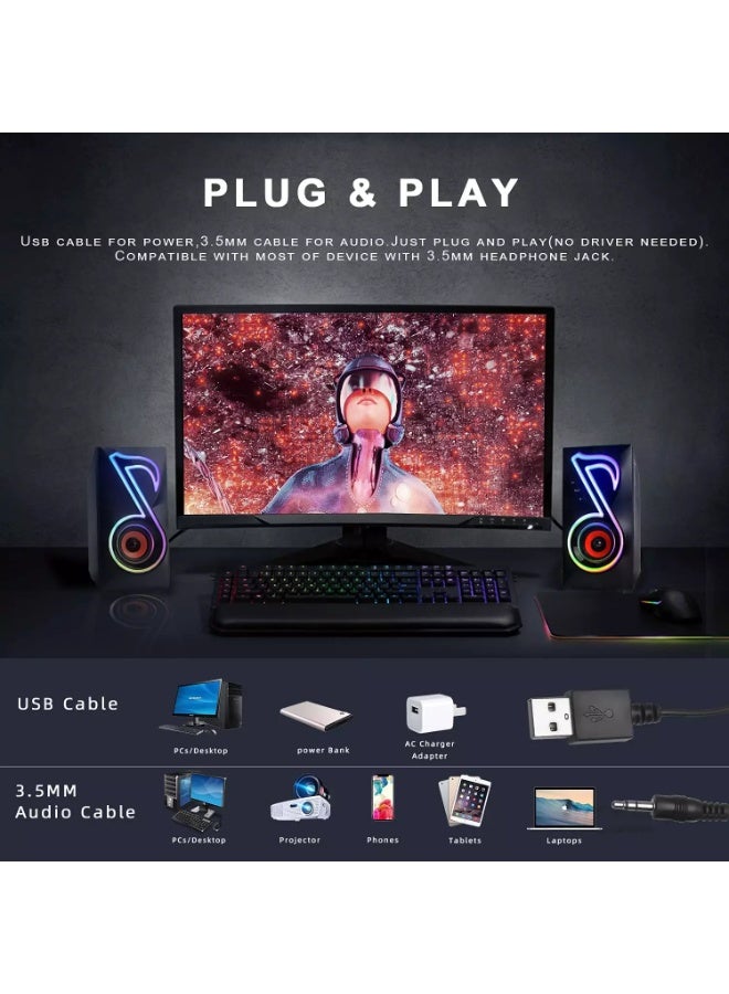 SP5198 Computer Speakers, RGB Gaming PC Speakers with 6 Lights Modes and Easy Volume Control, 10W USB-Powered 2.0CH Stereo Desktop Speakers with 3.5mm AUX