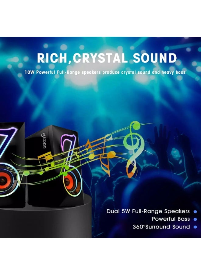 SP5198 Computer Speakers, RGB Gaming PC Speakers with 6 Lights Modes and Easy Volume Control, 10W USB-Powered 2.0CH Stereo Desktop Speakers with 3.5mm AUX