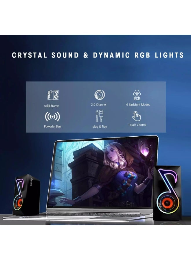 SP5198 Computer Speakers, RGB Gaming PC Speakers with 6 Lights Modes and Easy Volume Control, 10W USB-Powered 2.0CH Stereo Desktop Speakers with 3.5mm AUX