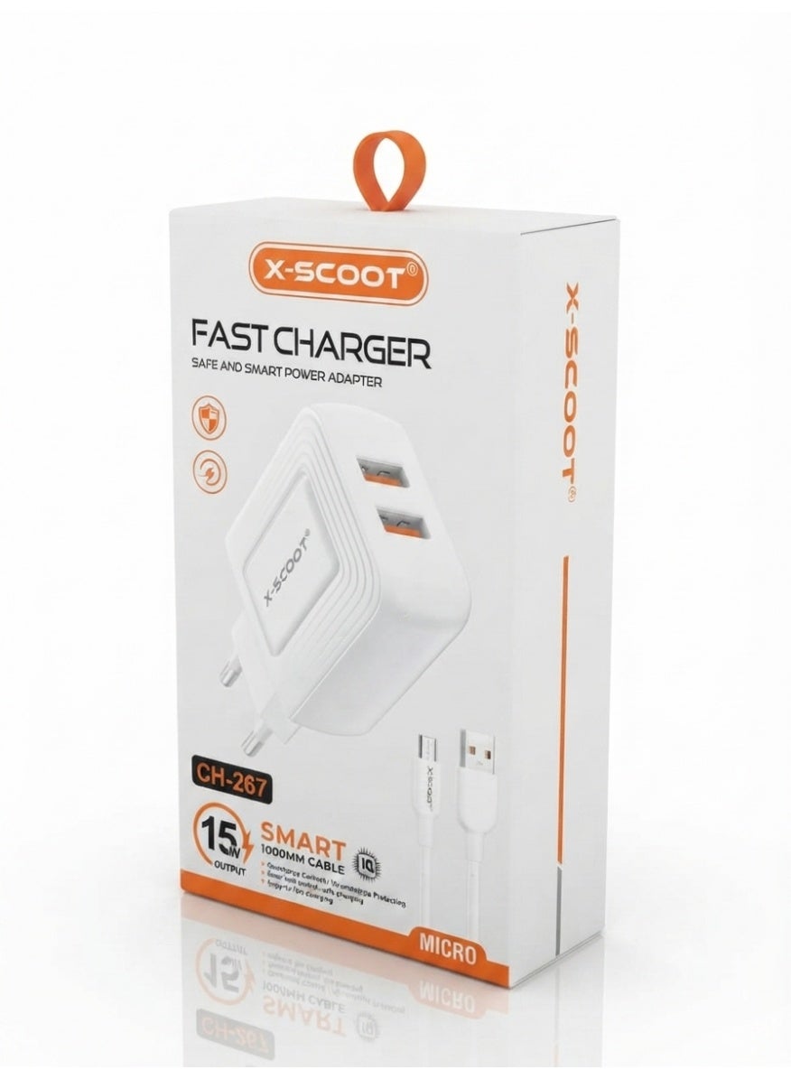 CH-267 USB Fast Wall Charger with Micro USB Cable – Smart IC Fast Charging Power Adapter, Travel Charger with Overcharge & Overvoltage Protection for Android Smartphones, Tablets, Power Banks & Micro USB Devices