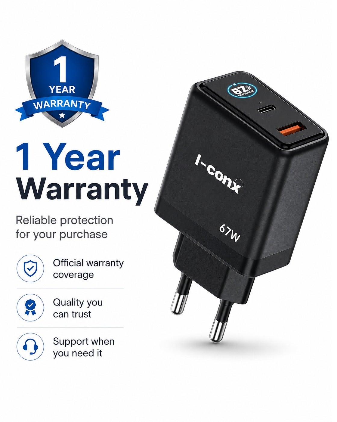 I-conx 67W Super Fast Charger, USB-C Type-C Wall Charger with USB-C & USB-A Ports, LED Digital Display, PD, QC & SuperVOOC Support, Type-C to Type-C Cable – Black