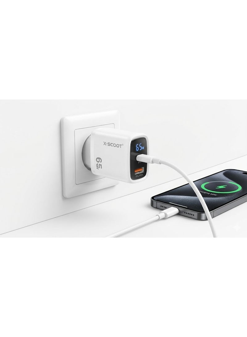 CH-272 LCD Smart Fast Charger 65W – Dual Port Type-C & USB Wall Charger with Real-Time Power Display, Universal AC 100-240V white