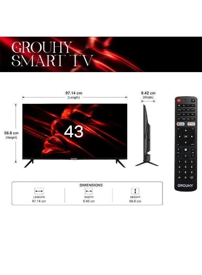 Grouhy 43 Inch FHD Smart LED TV Frameless With Built-in Receiver - GLD43SDV2