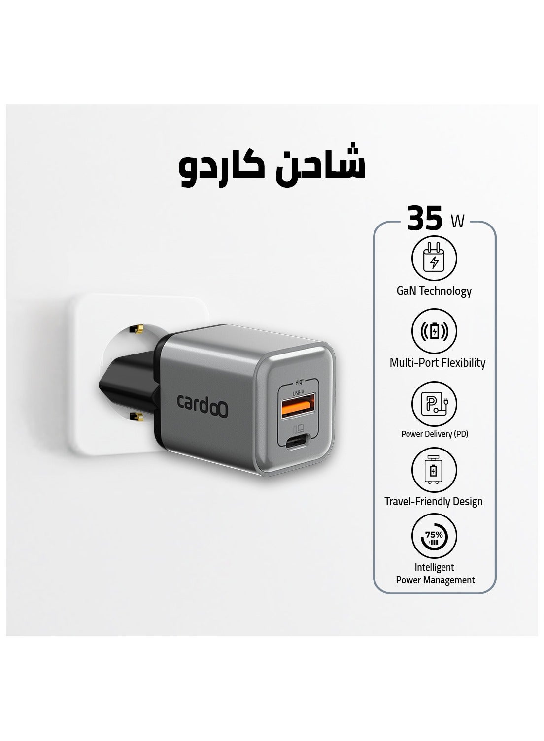 cardoO GaN Charger 35W – Compact Fast Charger – USB-C & USB-A Ports – Safe & Efficient Power Adapter – GaN Technology – Travel-Ready for Phones & Tablets – Black