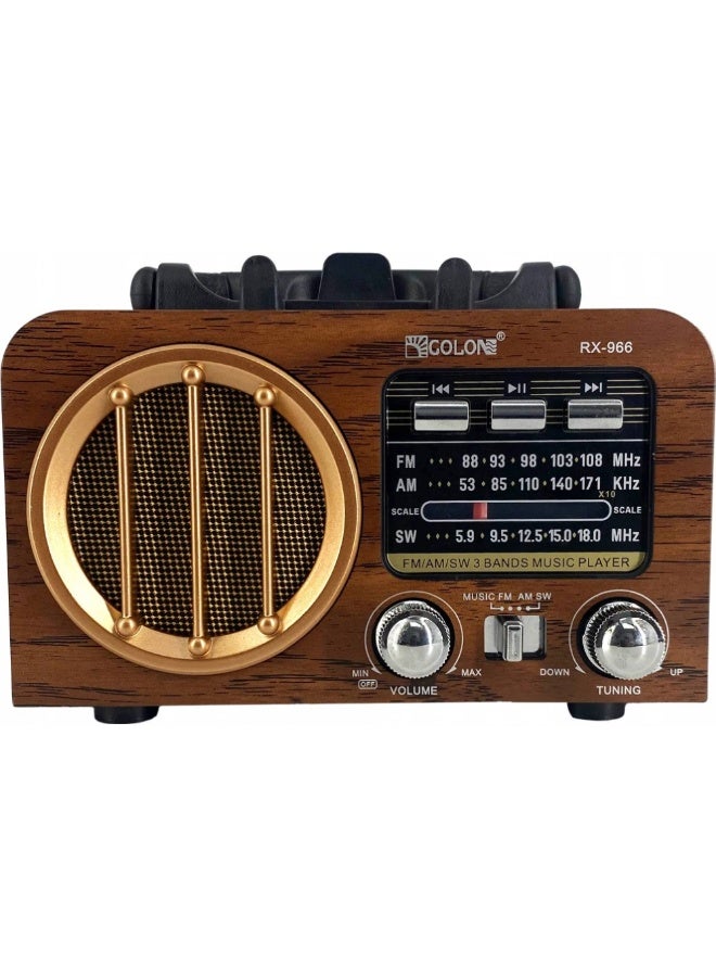 RX-966 Portable Multi Band FM/AM/SW Radio with Bluetooth Speaker, MP3 Player, USB & TF Card Support, Battery Powered, Type-C Charging, Classic Wooden Retro Design