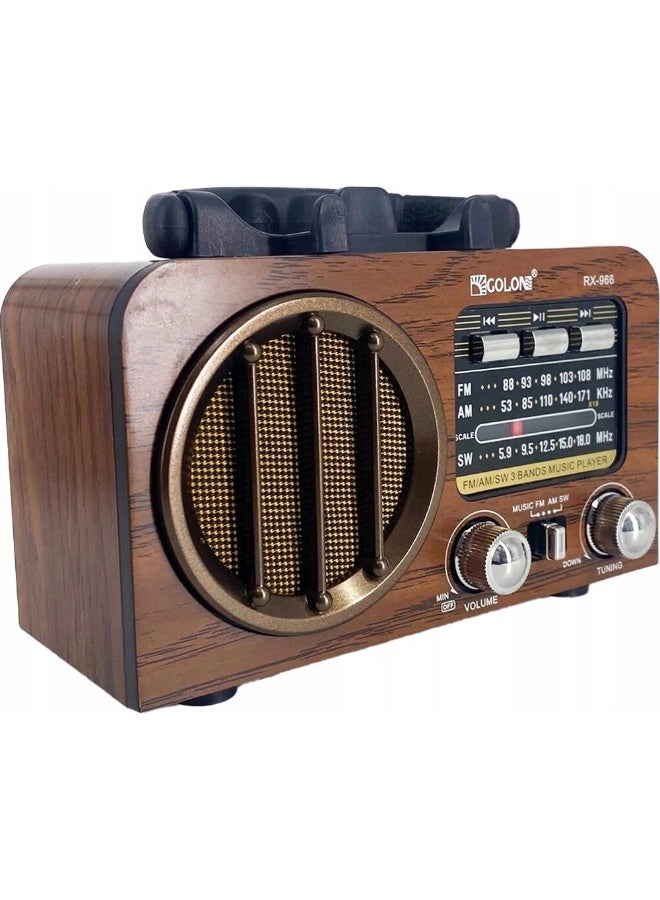 RX-966 Portable Multi Band FM/AM/SW Radio with Bluetooth Speaker, MP3 Player, USB & TF Card Support, Battery Powered, Type-C Charging, Classic Wooden Retro Design
