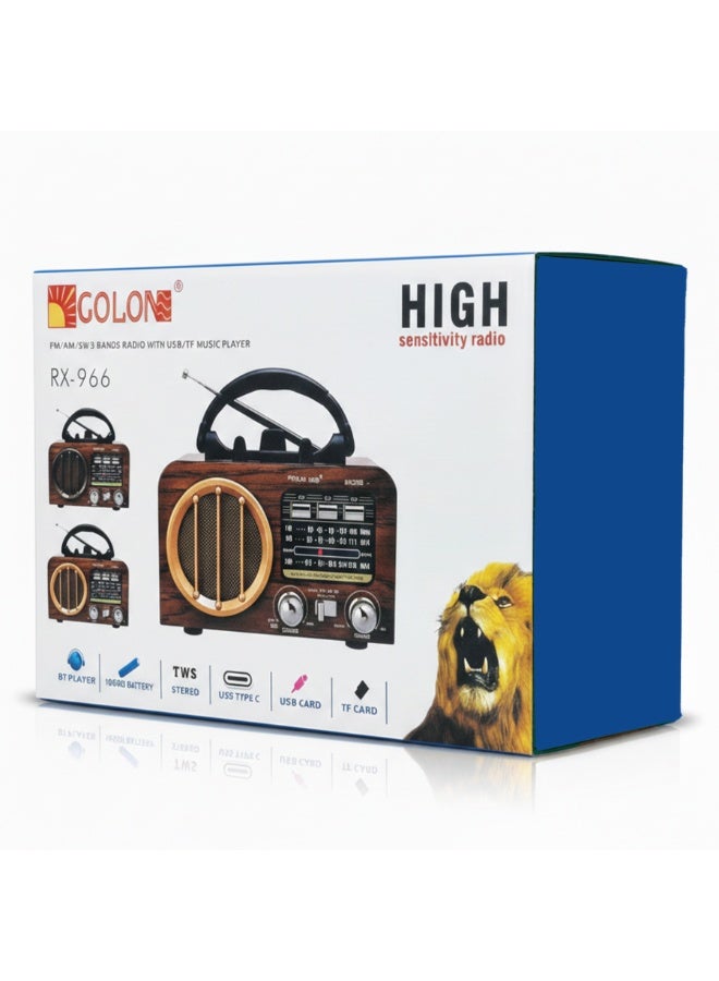 RX-966 Portable Multi Band FM/AM/SW Radio with Bluetooth Speaker, MP3 Player, USB & TF Card Support, Battery Powered, Type-C Charging, Classic Wooden Retro Design