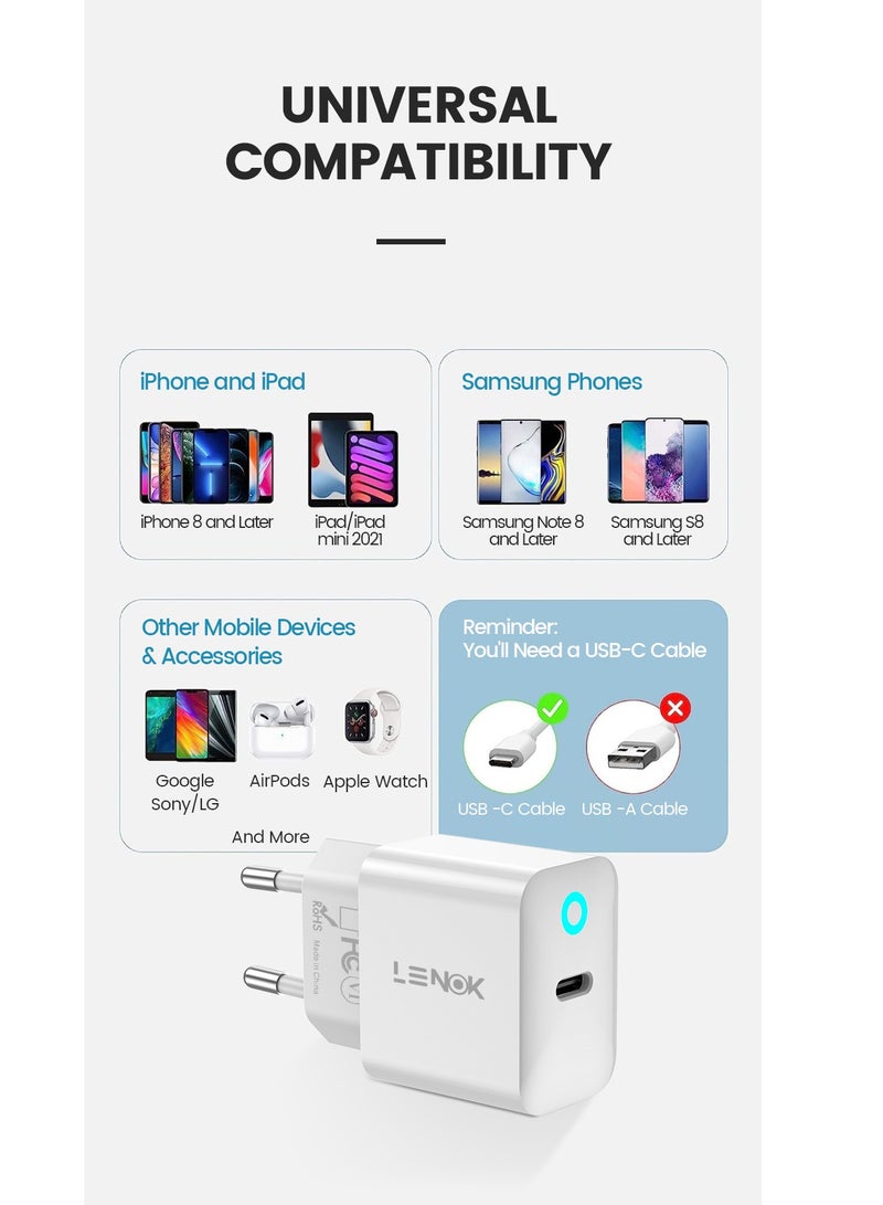 LENOK 20W USB-C Wall Charger, PD 3.0 Fast Charging Power Adapter, Compatible with iPhone 15/14/13/12, Samsung Galaxy S23/S22/S21, iPad (White)