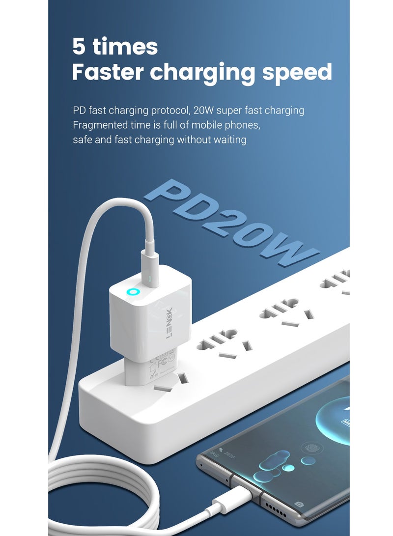 LENOK 20W USB-C Wall Charger, PD 3.0 Fast Charging Power Adapter, Compatible with iPhone 15/14/13/12, Samsung Galaxy S23/S22/S21, iPad (White)