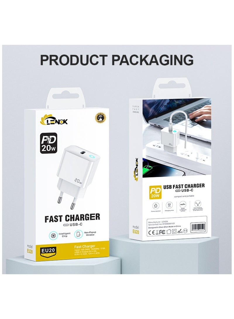 LENOK 20W USB-C Wall Charger, PD 3.0 Fast Charging Power Adapter, Compatible with iPhone 15/14/13/12, Samsung Galaxy S23/S22/S21, iPad (White)