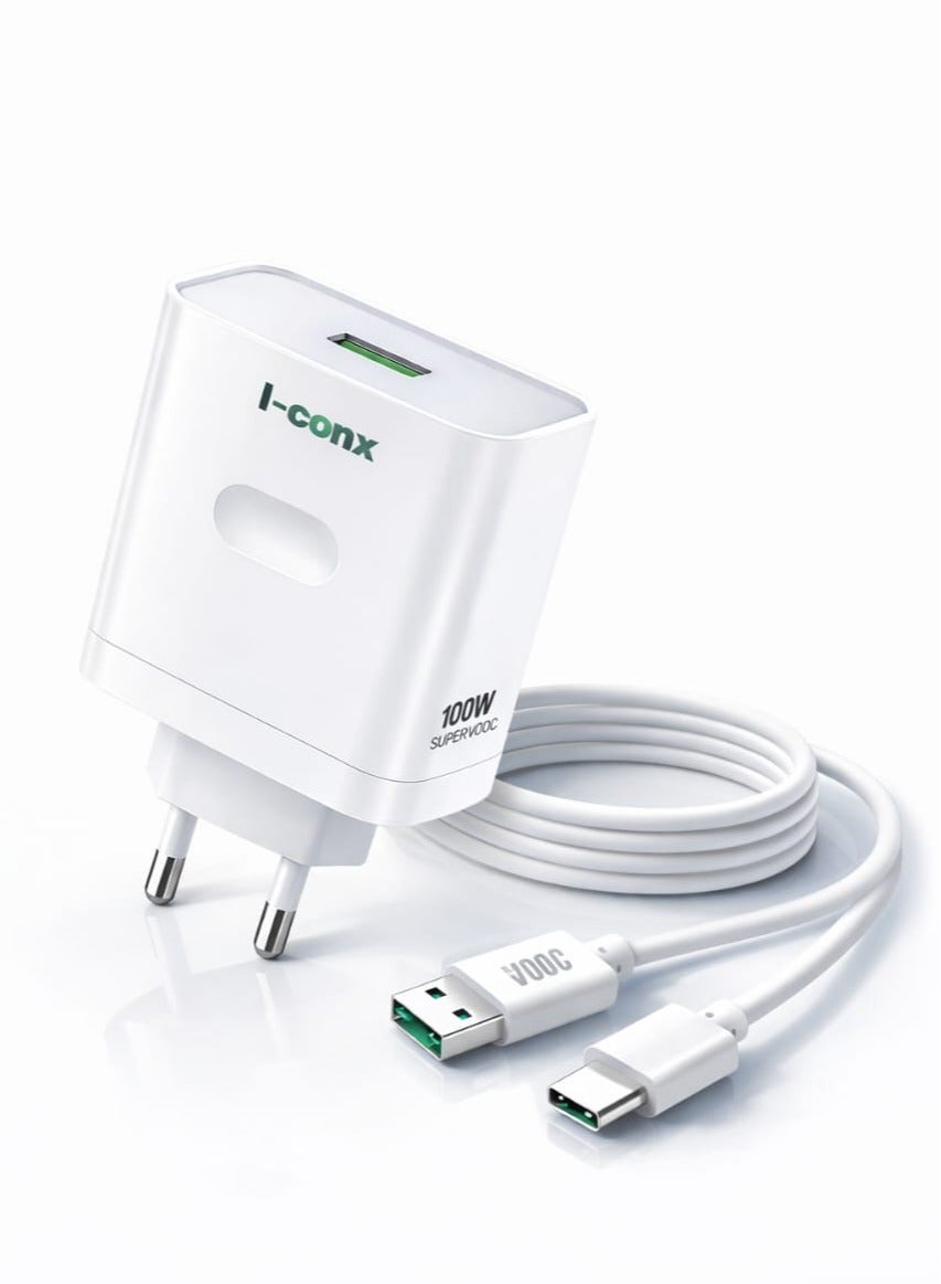 I-Conx 100W VOOC Fast Wall Charger with USB-C Cable – Super Fast Charging for Smartphones & Tablets