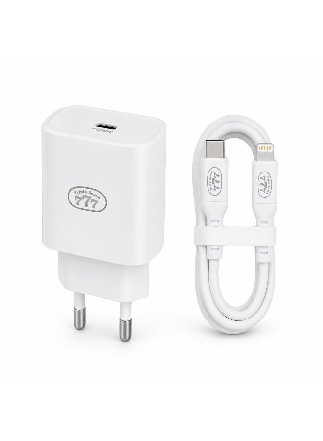 Triple Seven 777 CH-60 30W PD Super Fast Wall Charger with Type-C to Lightning Cable, 3A Output for iPhone & iPad - White