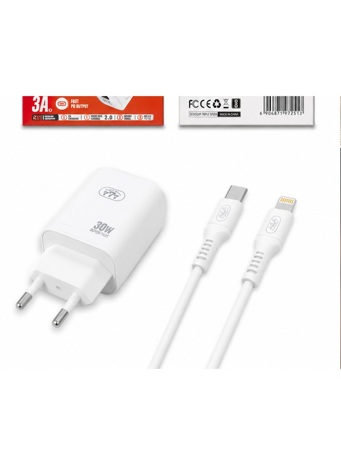 Triple Seven 777 CH-60 30W PD Super Fast Wall Charger with Type-C to Lightning Cable, 3A Output for iPhone & iPad - White