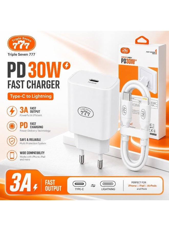 Triple Seven 777 CH-60 30W PD Super Fast Wall Charger with Type-C to Lightning Cable, 3A Output for iPhone & iPad - White