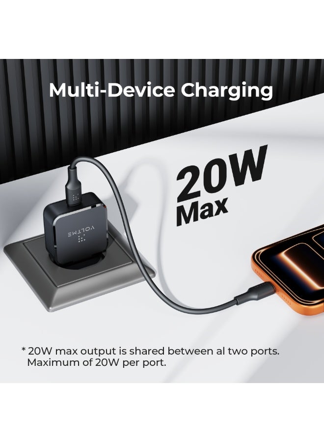 VOLTME Revo 20W Lite Ultrathin Black, Portable USB-C Wall Charger Dual Port Fast Charge AC PD3.0 PPS Adapter Compatible with iPhone 14/13/Pro/Pro Max/12/11, Galaxy Note, Xiaomi/Huawei/Pixel