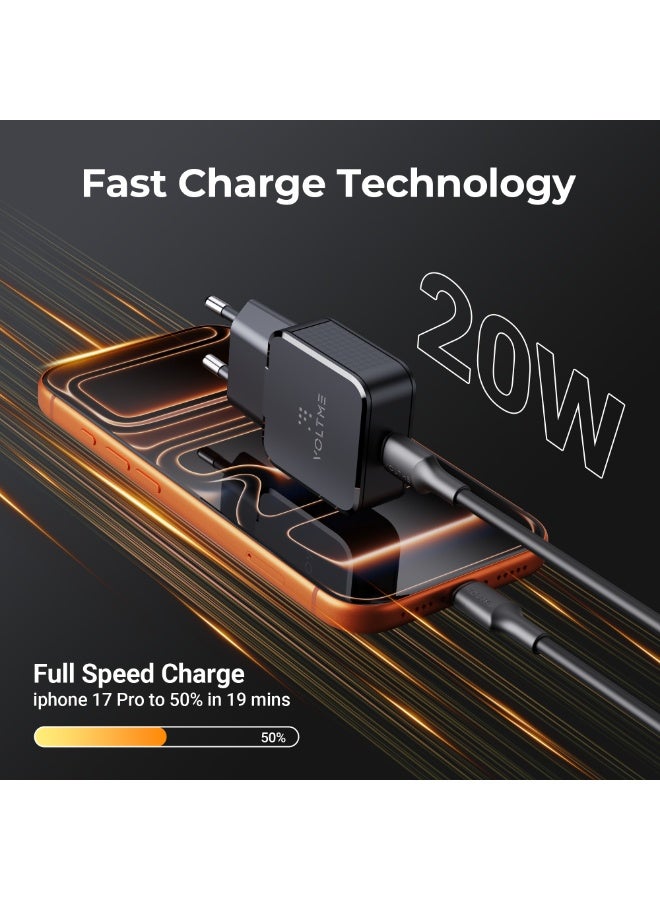 VOLTME Revo 20W Lite Ultrathin Black, Portable USB-C Wall Charger Dual Port Fast Charge AC PD3.0 PPS Adapter Compatible with iPhone 14/13/Pro/Pro Max/12/11, Galaxy Note, Xiaomi/Huawei/Pixel