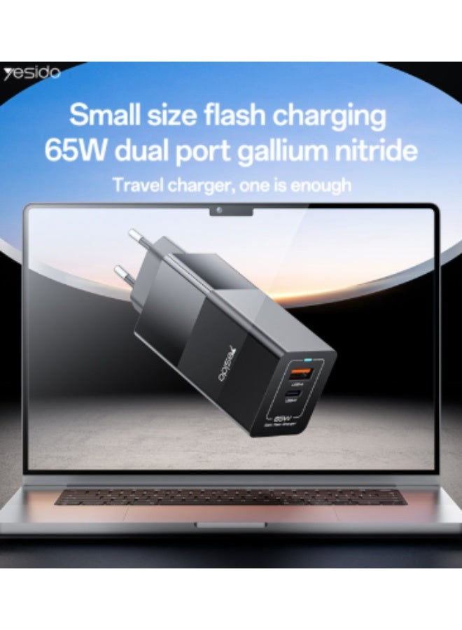 YC73 65W Fast Charging USB & Type-C Dual Ports PC Fireproof GaN European Specification Charger