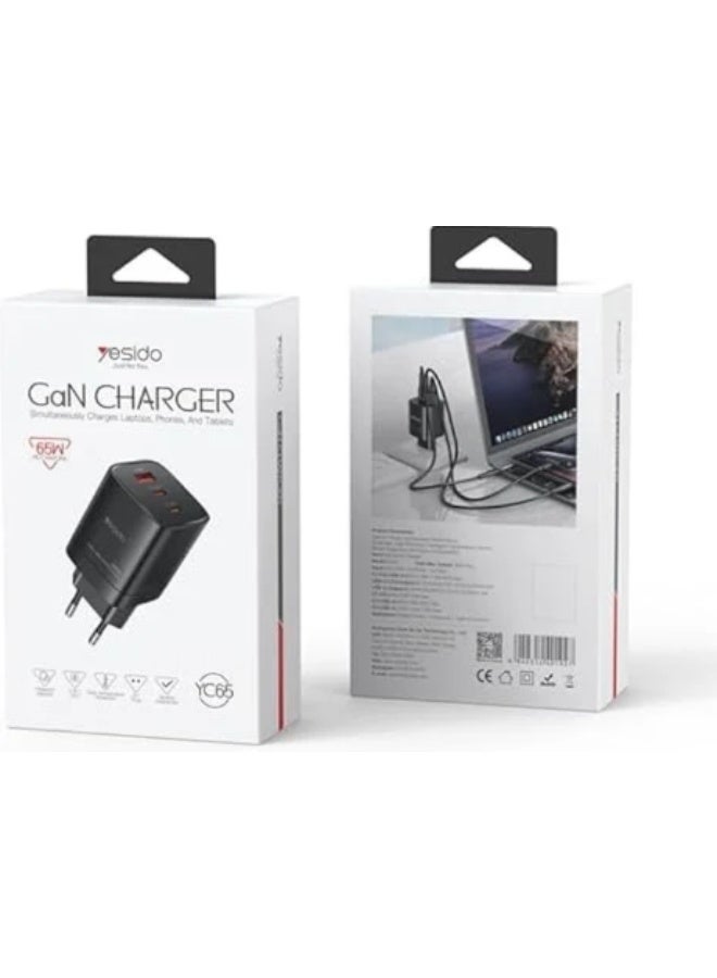 YC73 65W Fast Charging USB & Type-C Dual Ports PC Fireproof GaN European Specification Charger