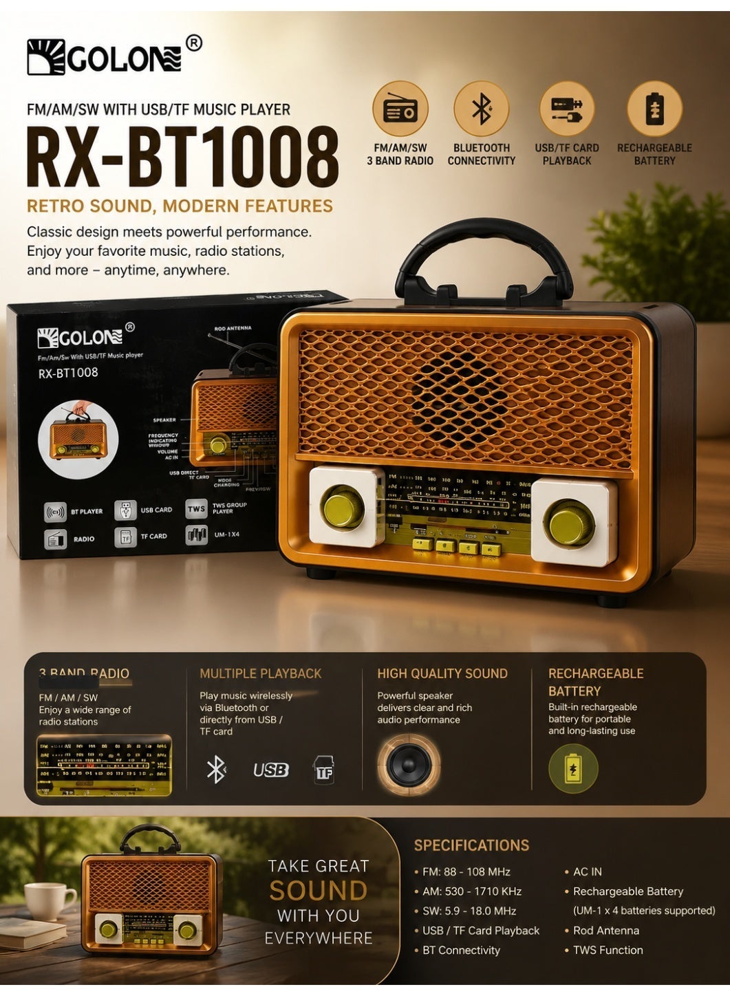 RX-BT1008 Portable Wireless Radio Speaker – FM/AM/SW 3-Band Radio, Bluetooth Audio Streaming, USB & TF Card Music Playback, 2.4G Audio Support, Rechargeable 18650 Lithium Battery, True Wireless Stereo (TWS) Pairing, Powerful Portable Sound, AC/DC Dual Power Supply, Ideal for Home, Outdoor  –Multicolour