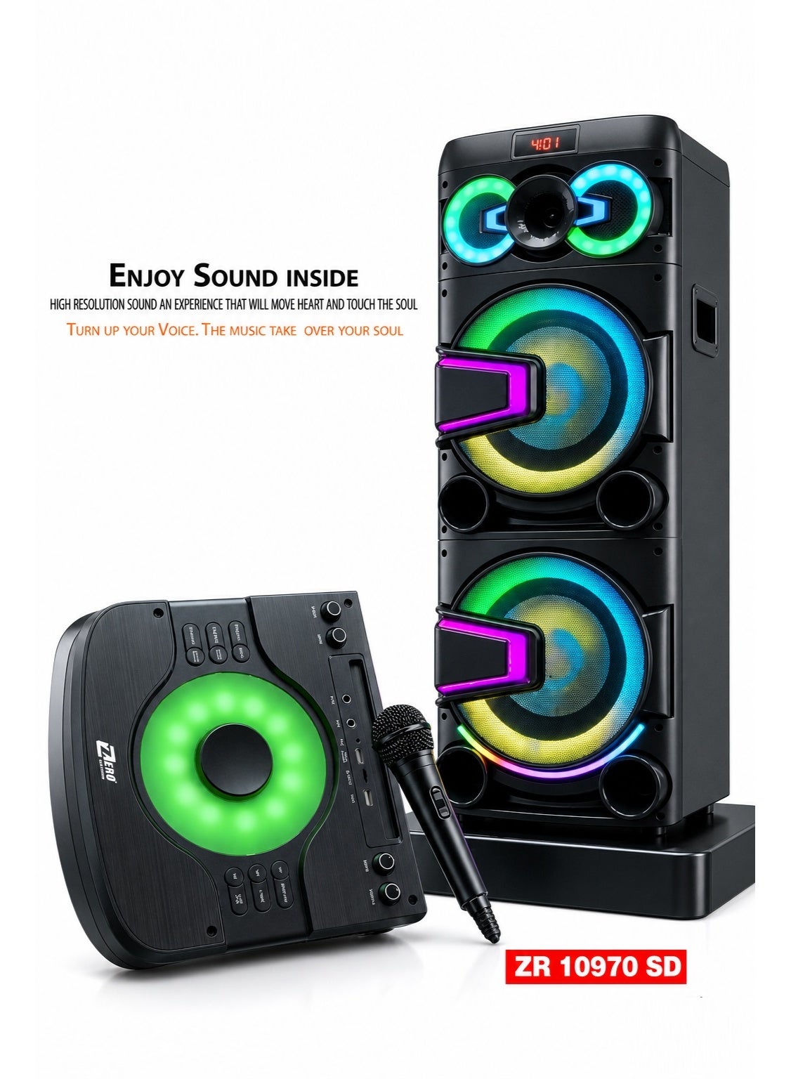ZERO ZR 10970 SD Party Speaker, 80W RMS, Dual 12-Inch Woofer, Bluetooth, LED Lights, Rechargeable