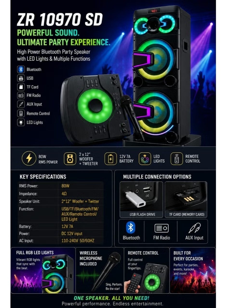 ZERO ZR 10970 SD Party Speaker, 80W RMS, Dual 12-Inch Woofer, Bluetooth, LED Lights, Rechargeable