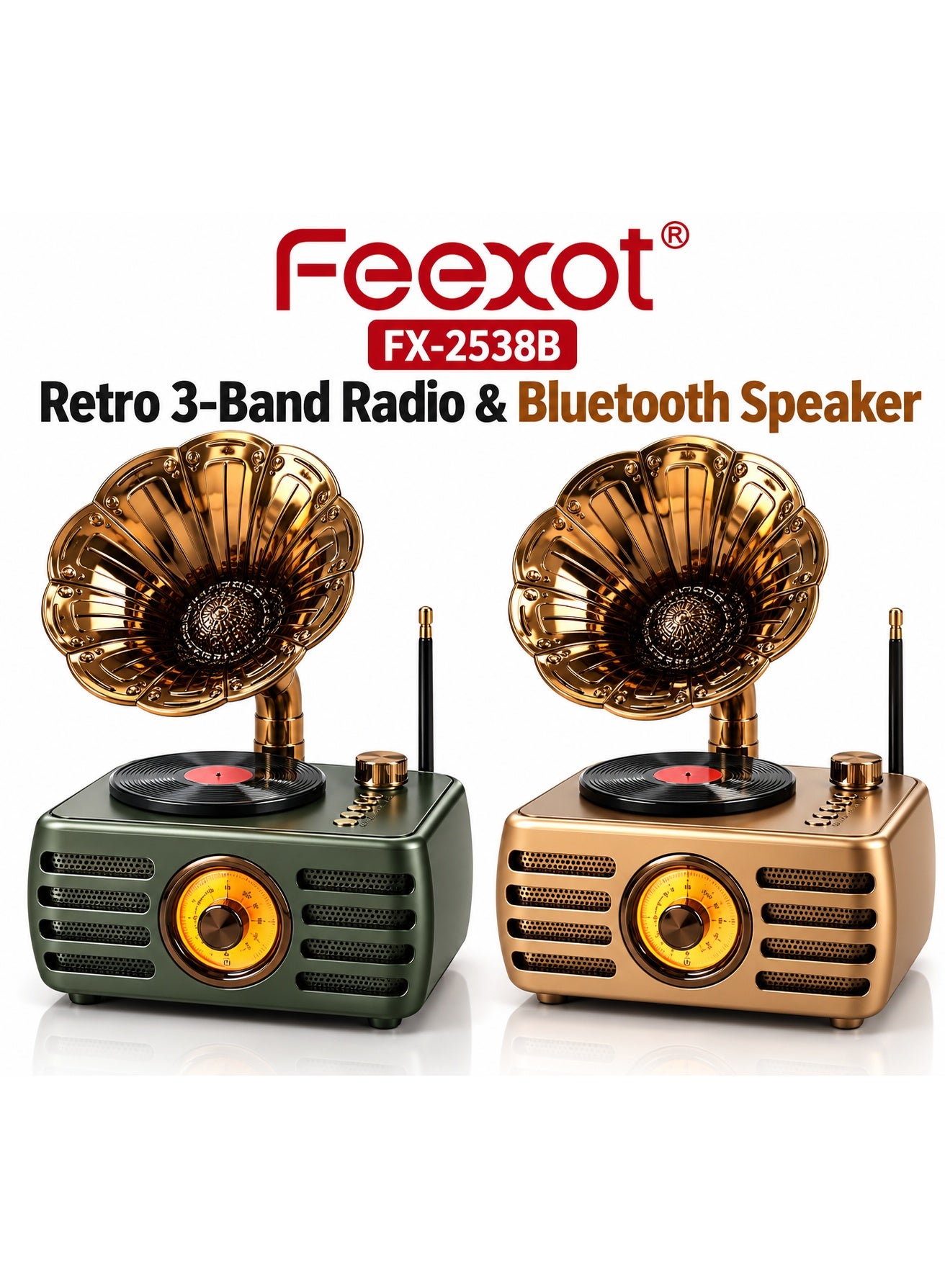 Feexot FX-2538B Retro 3-Band FM/AM/SW Radio with Bluetooth Speaker, MP3 Player, USB, TF Card & AUX - Multicolor