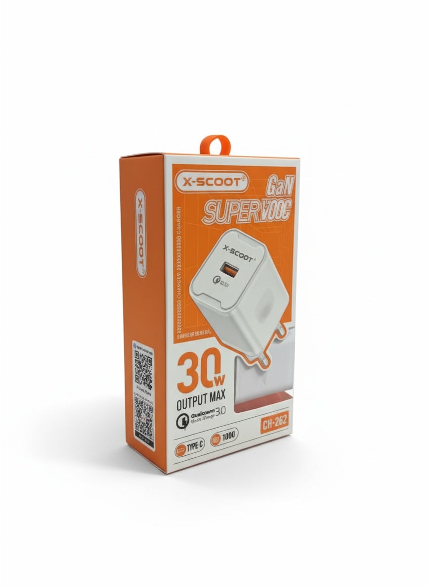 CH-262 30W Fast Wall Charger with Included 1000mm USB-C Cable, QC 3.0 High-Speed Charging, Safe PC Materials, and Multi-Circuit Protection for Reliable Daily Use