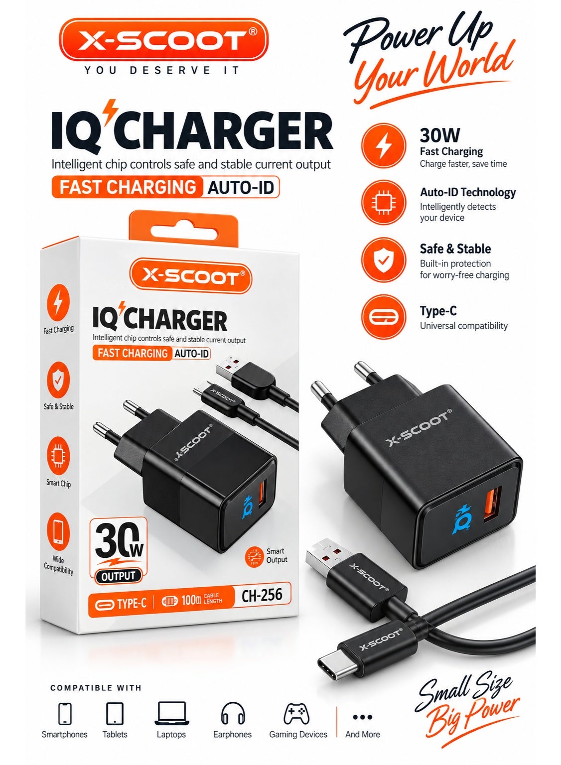 30W Fast Wall Charger with USB-C Cable, Smart IQ Auto-ID Output, Heat Resistant Safe Design, Universal USB-C Compatibility , Model CH-256, Black