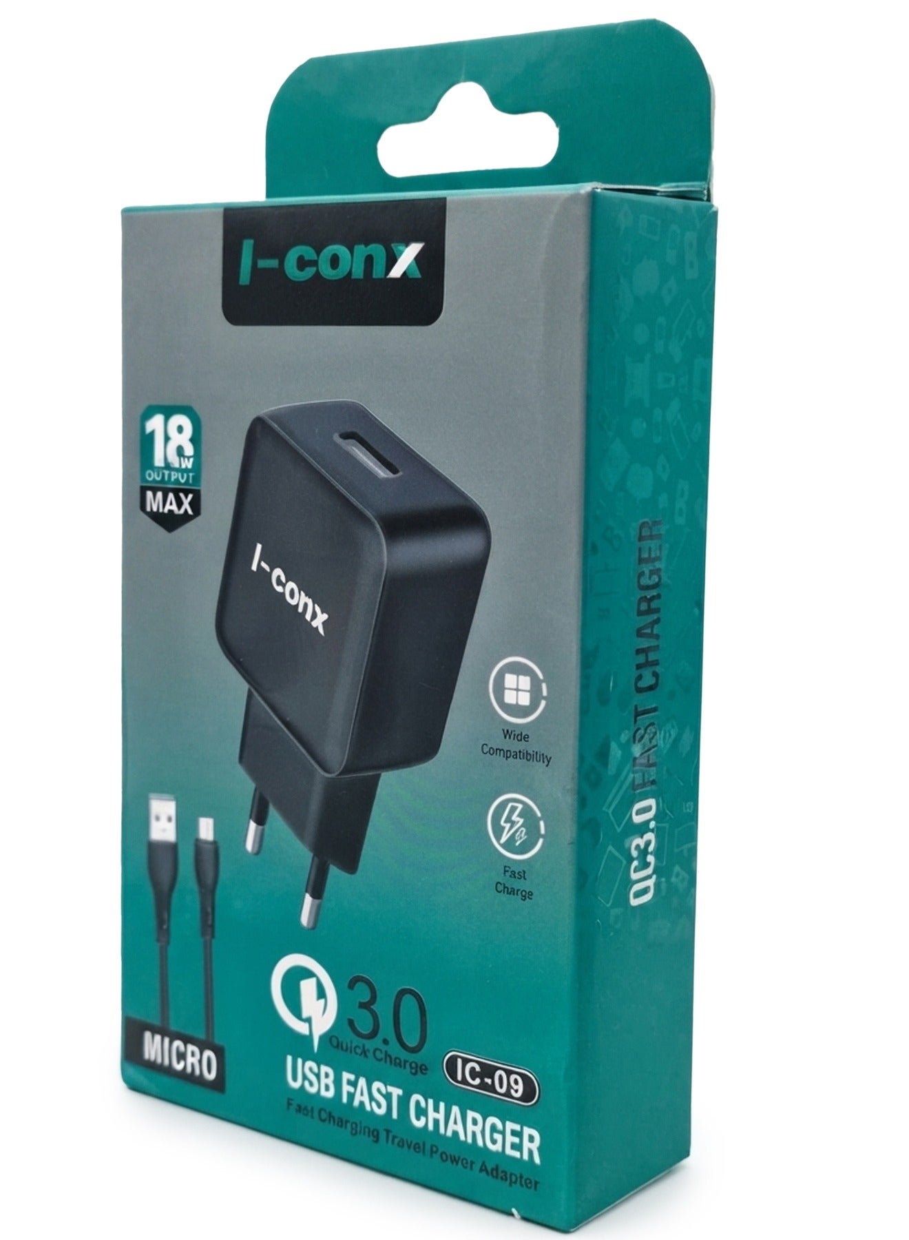 IC-09 18W QC 3.0 Fast Wall Charger with Micro USB Cable – USB Fast Charging Travel Adapter, Quick Charge 3.0 Power Plug, Smart Safe Charging for Samsung, Xiaomi, OPPO, Huawei & Micro USB Devices