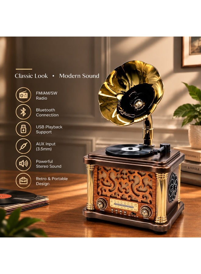 FX-2503B Vintage Portable AM/FM/SW3 Radio with Bluetooth Wireless Speaker and USB/TF Playback