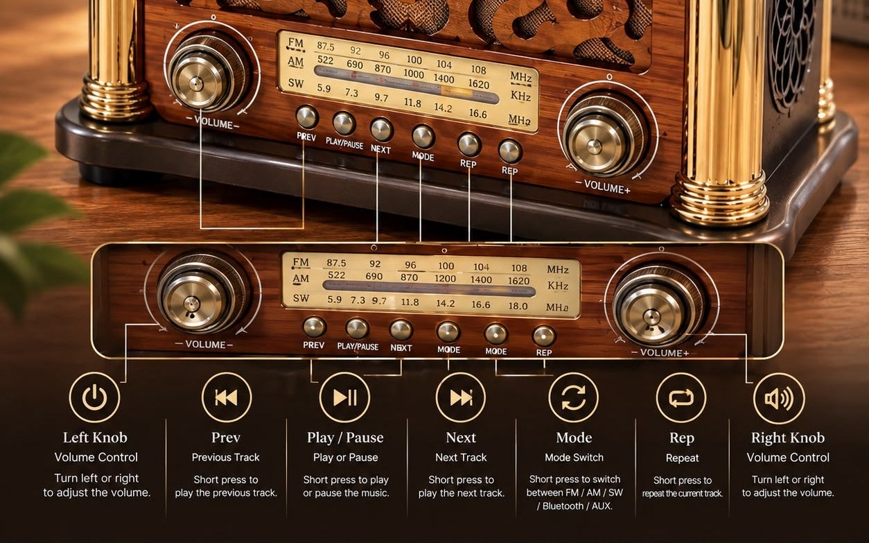 FX-2503B Vintage Portable AM/FM/SW3 Radio with Bluetooth Wireless Speaker and USB/TF Playback