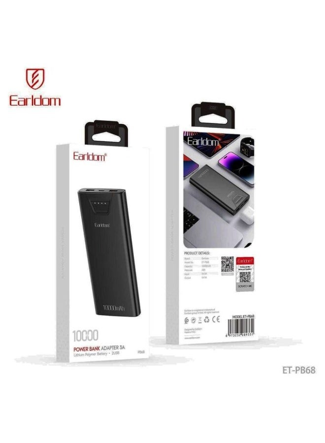Earldom ET-PB68 10000mAh Power Bank, Dual USB Portable Charger with LED Digital Display, External Battery Pack for Smartphones and USB Devices