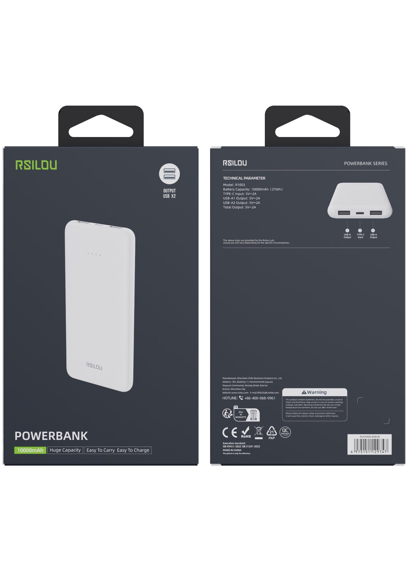 R1003-002 10000mAh Capacity Power Bank, 37W total max Dual-Port Fast Charging, Smart Identification, Compact and Portable, Advanced Safety, 2 USB-A ports out and 1 USC-C in, Advanced Safety Features