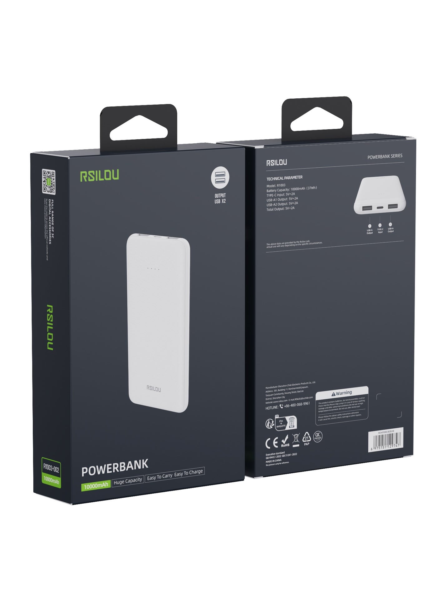 R1003-002 10000mAh Capacity Power Bank, 37W total max Dual-Port Fast Charging, Smart Identification, Compact and Portable, Advanced Safety, 2 USB-A ports out and 1 USC-C in, Advanced Safety Features