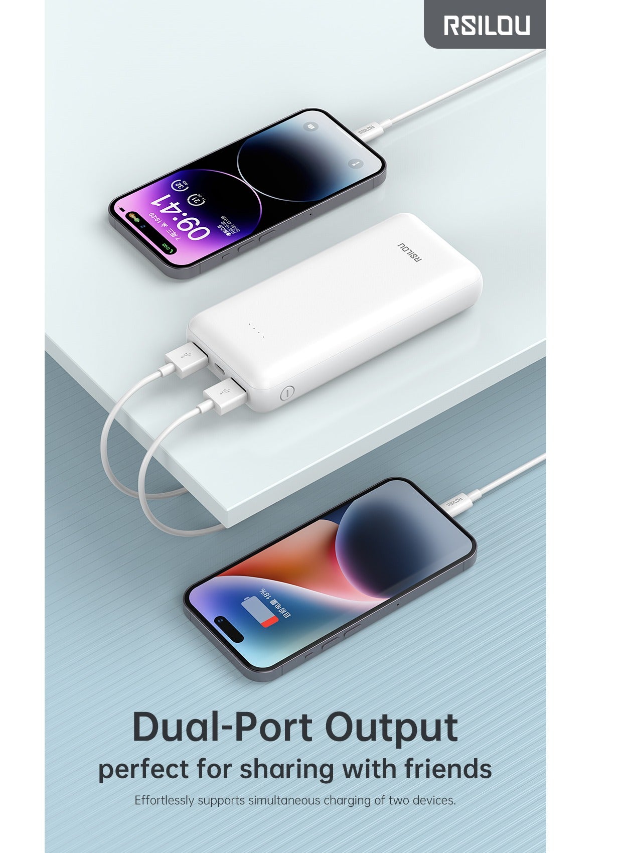 R1003-002 10000mAh Capacity Power Bank, 37W total max Dual-Port Fast Charging, Smart Identification, Compact and Portable, Advanced Safety, 2 USB-A ports out and 1 USC-C in, Advanced Safety Features